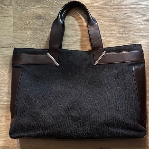 CLOSET SALE! Vtg. GUCCI Bag Authentic Dark Brown Fabric Leather-Trimmed 16x11 - Picture 1 of 16